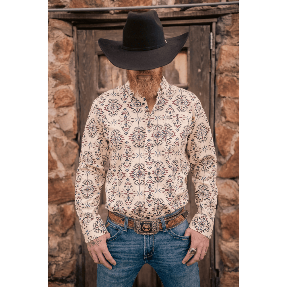 Tempco Mens El Vikingo Button Down Long Sleeve Shirt Aztec Yellow