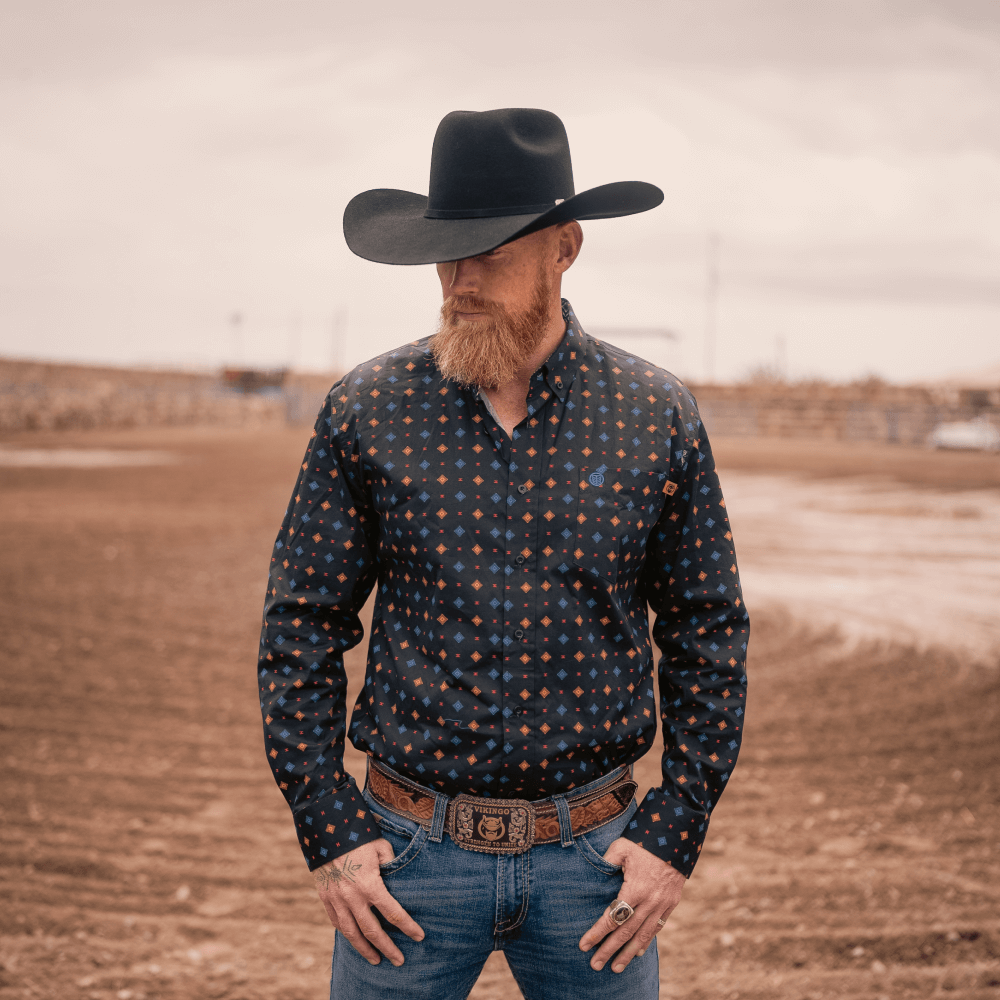 Tempco Mens El Vikingo Button Down Long Sleeve Shirt Black Geo