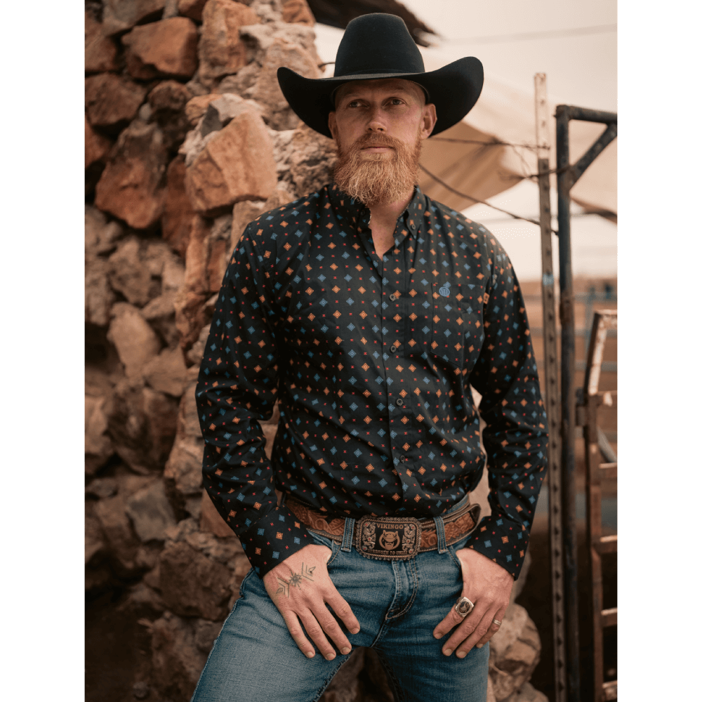 Tempco Mens El Vikingo Button Down Long Sleeve Shirt Black Geo