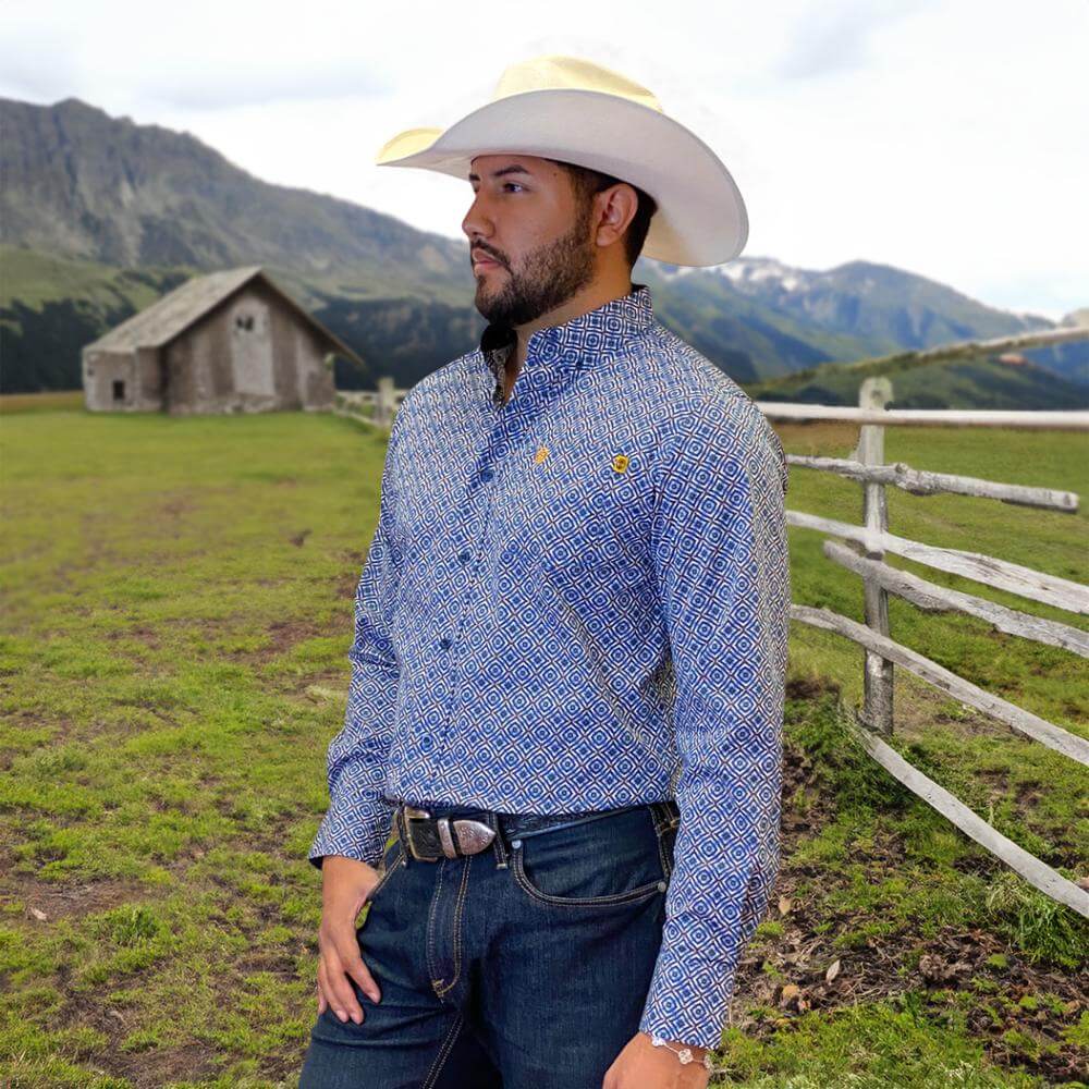 Tempco Mens El Vikingo Button Down Long Sleeve Shirt Blue Geo - TMVKBTLS-371