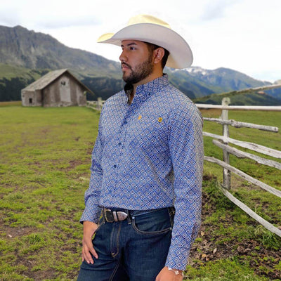 Tempco Mens El Vikingo Button Down Long Sleeve Shirt Blue Geo - TMVKBTLS-371