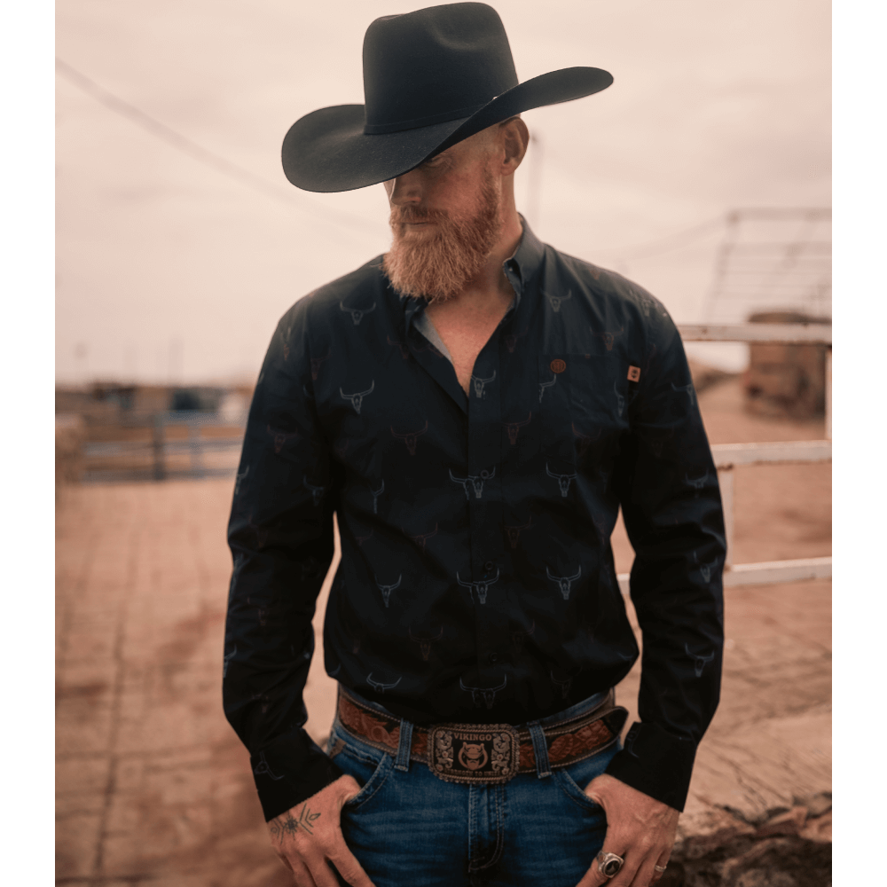 Tempco Mens El Vikingo Button Down Long Sleeve Shirt Black Bull Print