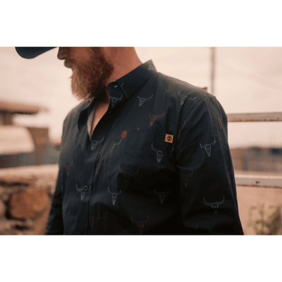 Tempco Mens El Vikingo Button Down Long Sleeve Shirt Black Bull Print