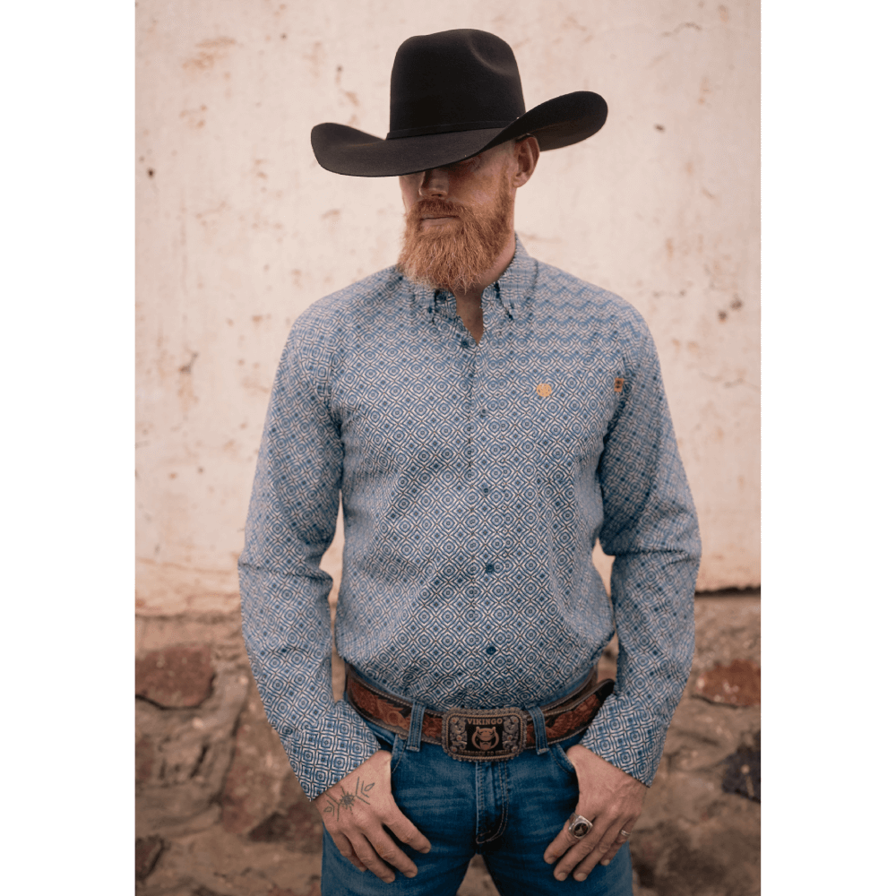 Tempco Mens El Vikingo Button Down Long Sleeve Shirt Blue Geo