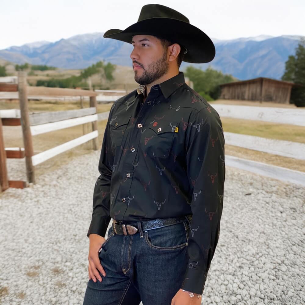 Tempco Mens Vikingo Snap Buttons Long Sleeve Shirt Black Bull Print - TMVKSNLS-369