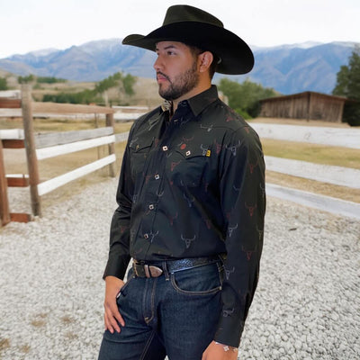 Tempco Mens Vikingo Snap Buttons Long Sleeve Shirt Black Bull Print - TMVKSNLS-369