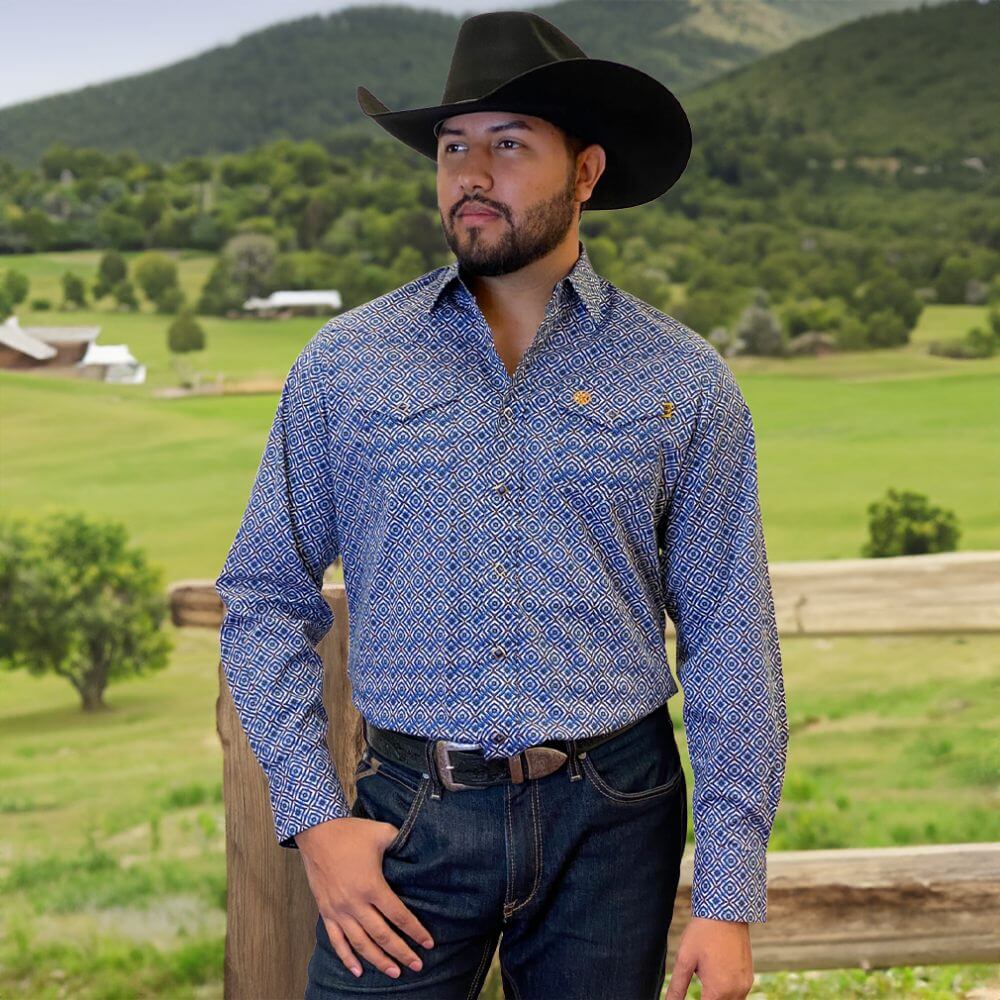 Tempco Mens Vikingo Snap Buttons Long Sleeve Shirt Blue Geo - TMVKSNLS-371