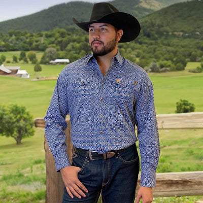 Tempco Mens Vikingo Snap Buttons Long Sleeve Shirt Blue Geo - TMVKSNLS-371