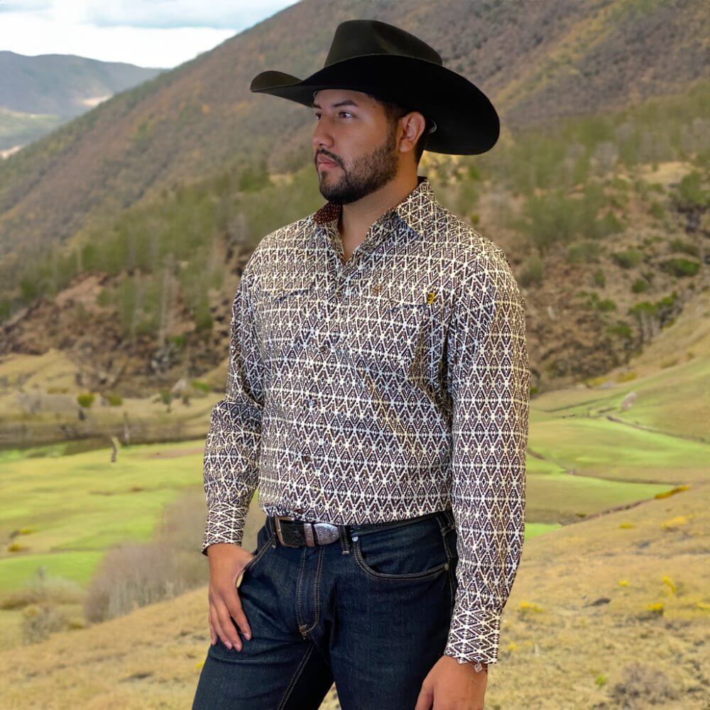 Tempco Mens Vikingo Snap Buttons Long Sleeve Shirt Brown Aztec - TMVKSNLS-364