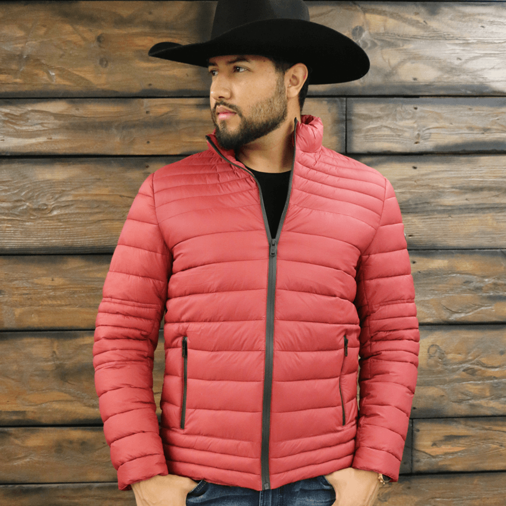 Red puffer jacket with hood mens sales