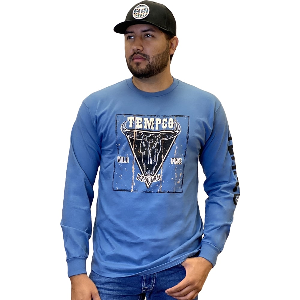 Tempco Mens Western Bull Long Sleeve T-Shirt Blue