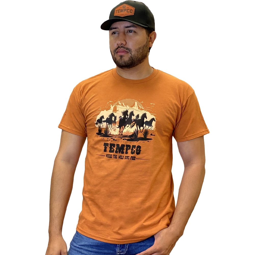 Tempco Mens Wild Horses Short Sleeve T-Shirt Orange