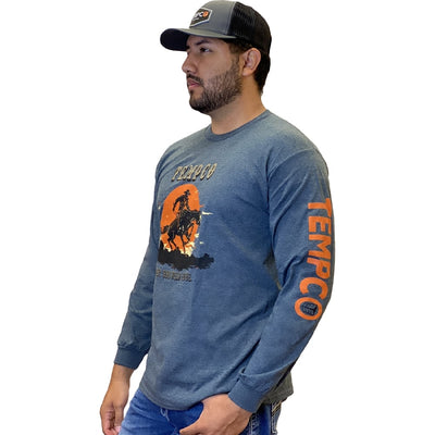 Tempco Mens Western Bull Long Sleeve T-Shirt Blue