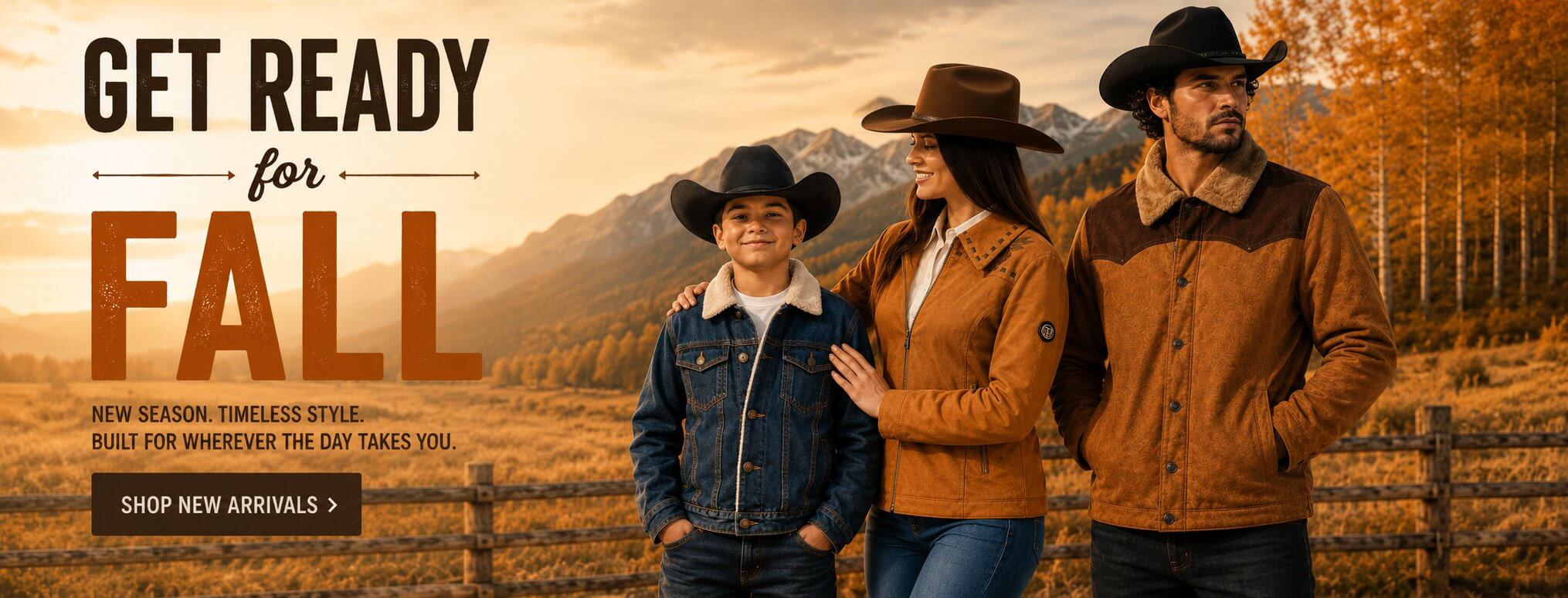 A promotional outdoor-style ad showing three people wearing western jackets and cowboy hats in front of mountains, with large text reading 'GET READY for FALL' and feature callouts along the bottom.