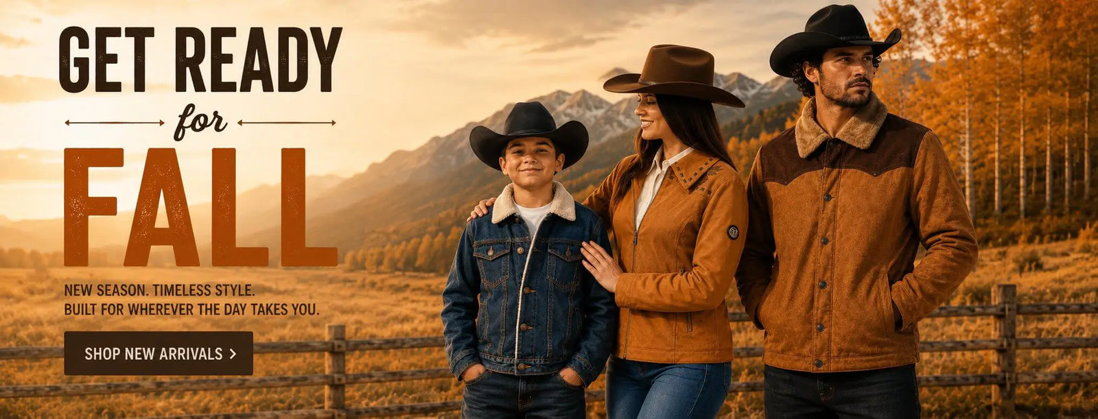 Three people wearing fall outerwear stand outdoors in front of mountains and trees, with large promotional text reading 'GET READY for FALL' on the left side of the image.