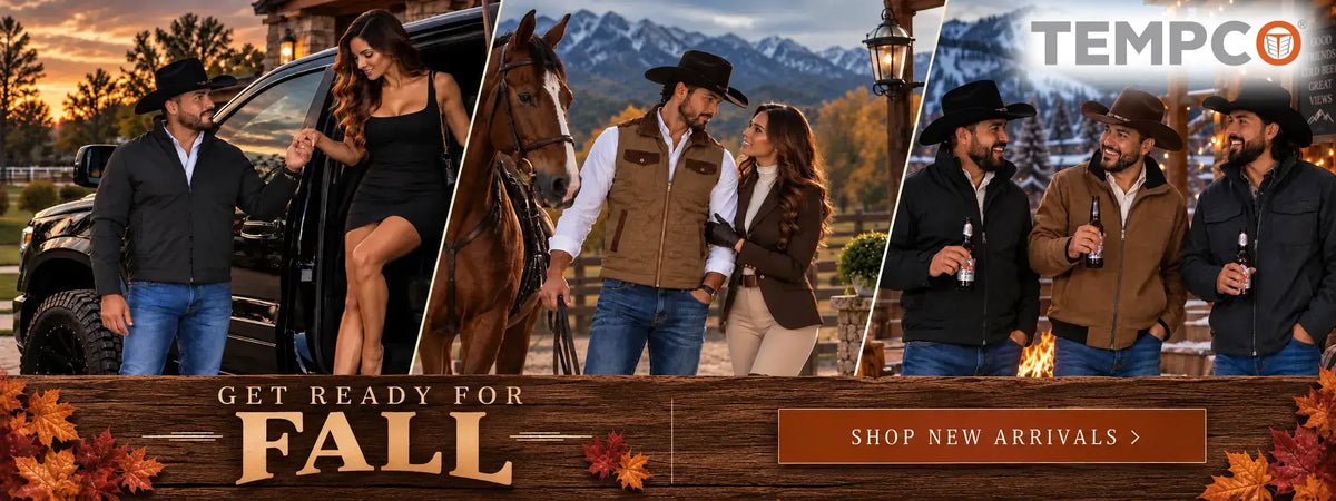 Tempco fall collection banner featuring Western jackets, cowboy hats, and ranch-inspired styles with the text "Get Ready for Fall" and "Shop New Arrivals.