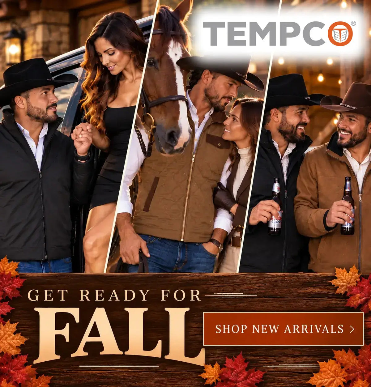 Tempco fall collection banner featuring Western jackets, cowboy hats, and ranch-inspired styles with the text "Get Ready for Fall" and "Shop New Arrivals.