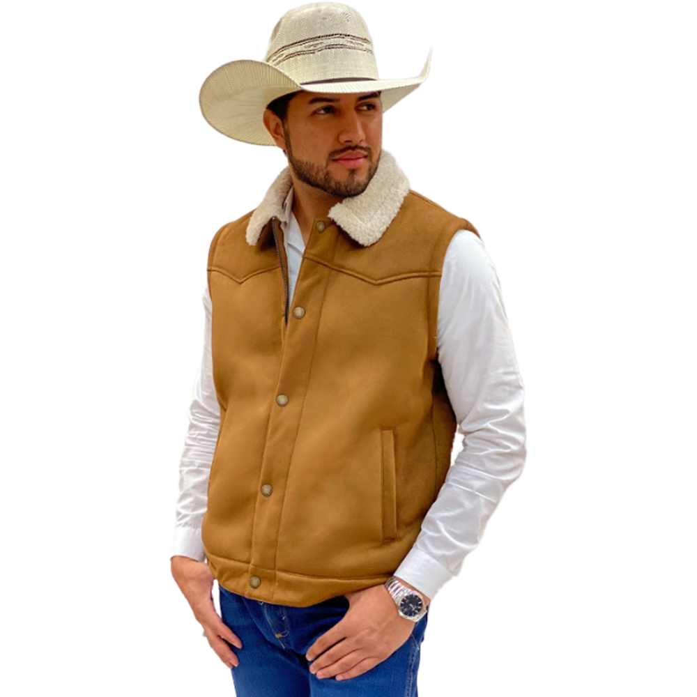 Tempco Mens Marlboro Sherpa Suede Trucker Vest - TM2001 - Front on top of white shirt